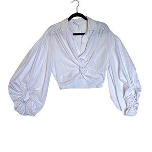 Women White Twist Front Crop Top Large Balloon V 3/4 Boho Fairy Cottage Coquette